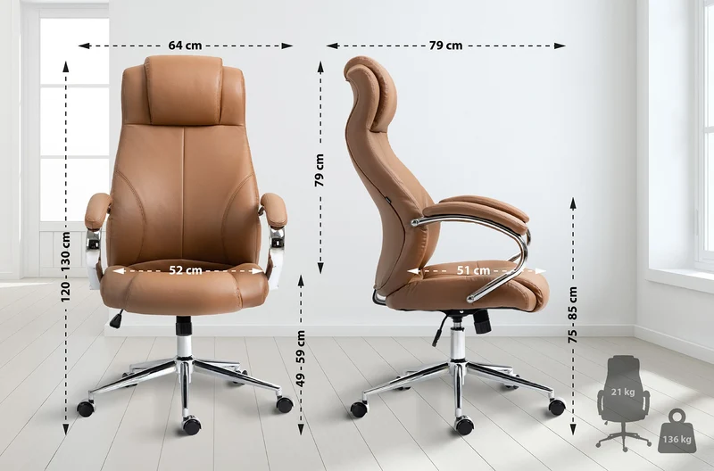 Fauteuil de bureau sur roulettes dossier ergonomique en S appui-tête en cuir véritable marron clair et métal 10_0006955