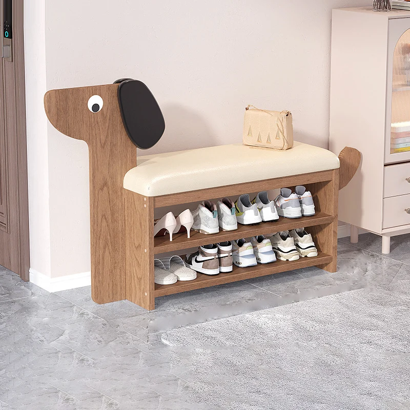 Contemporary Creative Faux Oil Wax Leather Bamboo Dog-Shaped Rectangular Shoe Bench 1/2-Tier For Living Room