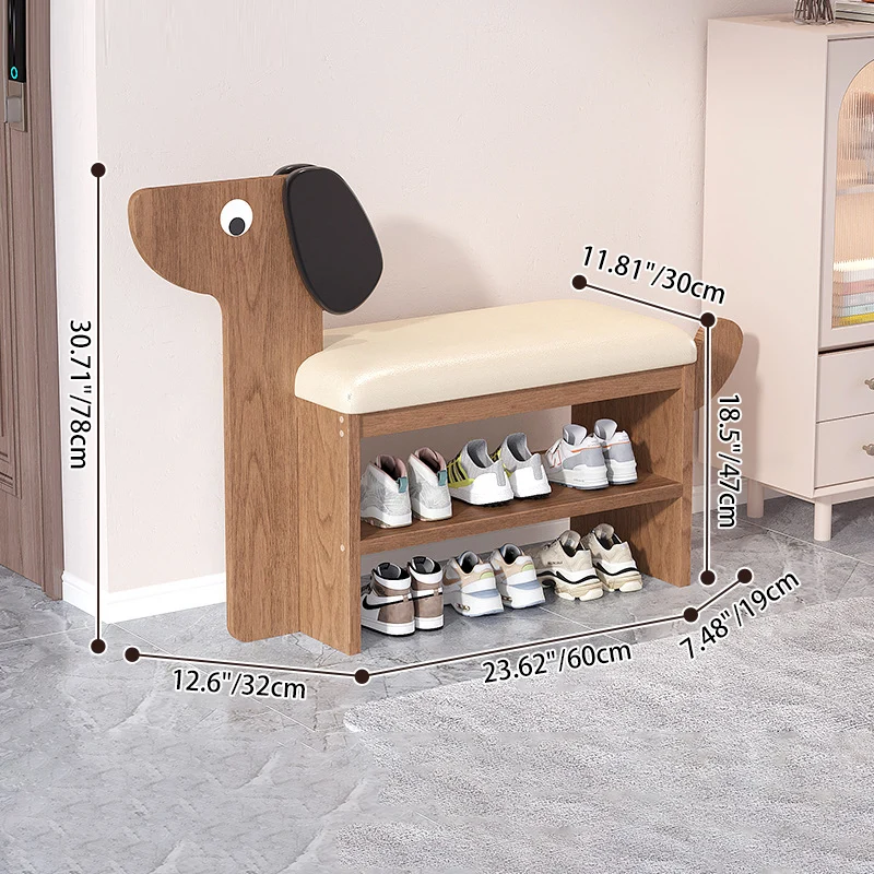 Contemporary Creative Faux Oil Wax Leather Bamboo Dog-Shaped Rectangular Shoe Bench 1/2-Tier For Living Room
