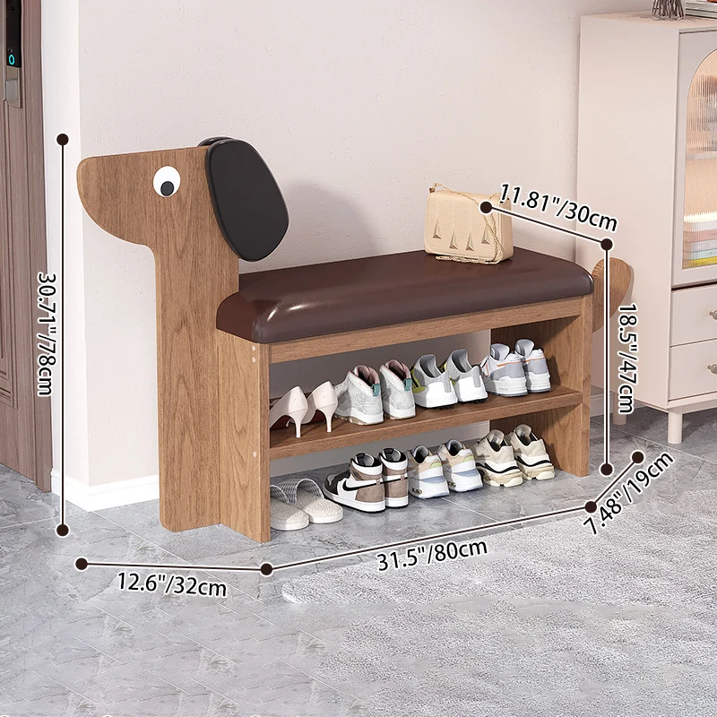 Contemporary Creative Faux Oil Wax Leather Bamboo Dog-Shaped Rectangular Shoe Bench 1/2-Tier For Living Room
