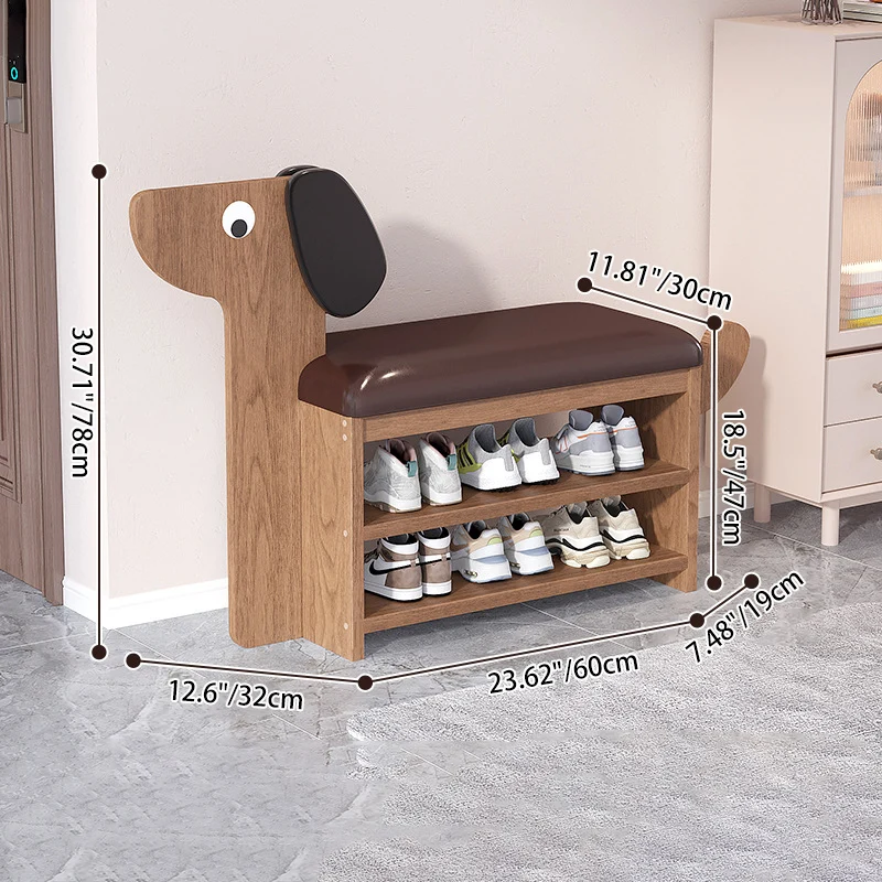 Contemporary Creative Faux Oil Wax Leather Bamboo Dog-Shaped Rectangular Shoe Bench 1/2-Tier For Living Room