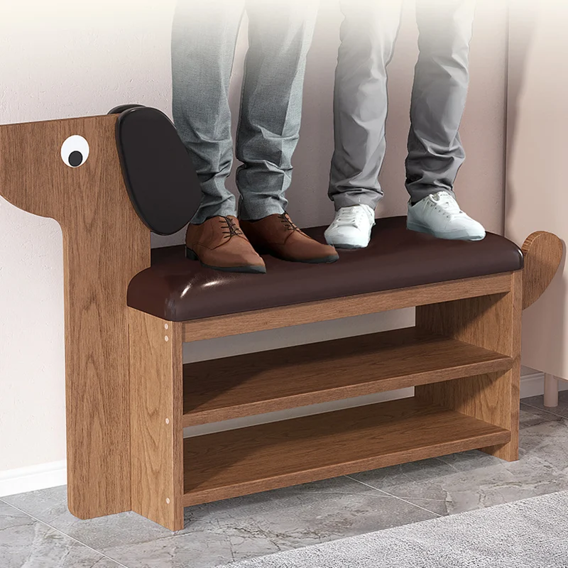 Contemporary Creative Faux Oil Wax Leather Bamboo Dog-Shaped Rectangular Shoe Bench 1/2-Tier For Living Room