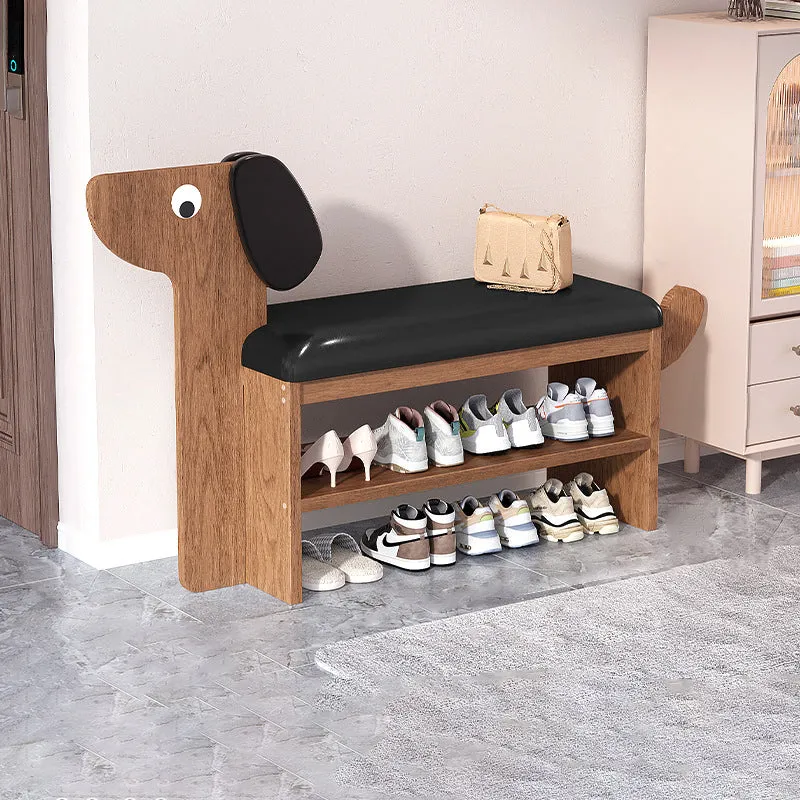 Contemporary Creative Faux Oil Wax Leather Bamboo Dog-Shaped Rectangular Shoe Bench 1/2-Tier For Living Room