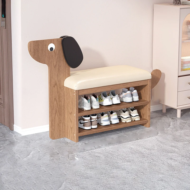 Contemporary Creative Faux Oil Wax Leather Bamboo Dog-Shaped Rectangular Shoe Bench 1/2-Tier For Living Room
