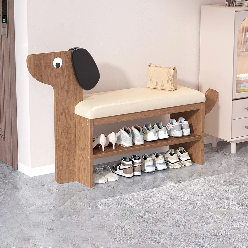 Contemporary Creative Faux Oil Wax Leather Bamboo Dog-Shaped Rectangular Shoe Bench 1/2-Tier For Living Room