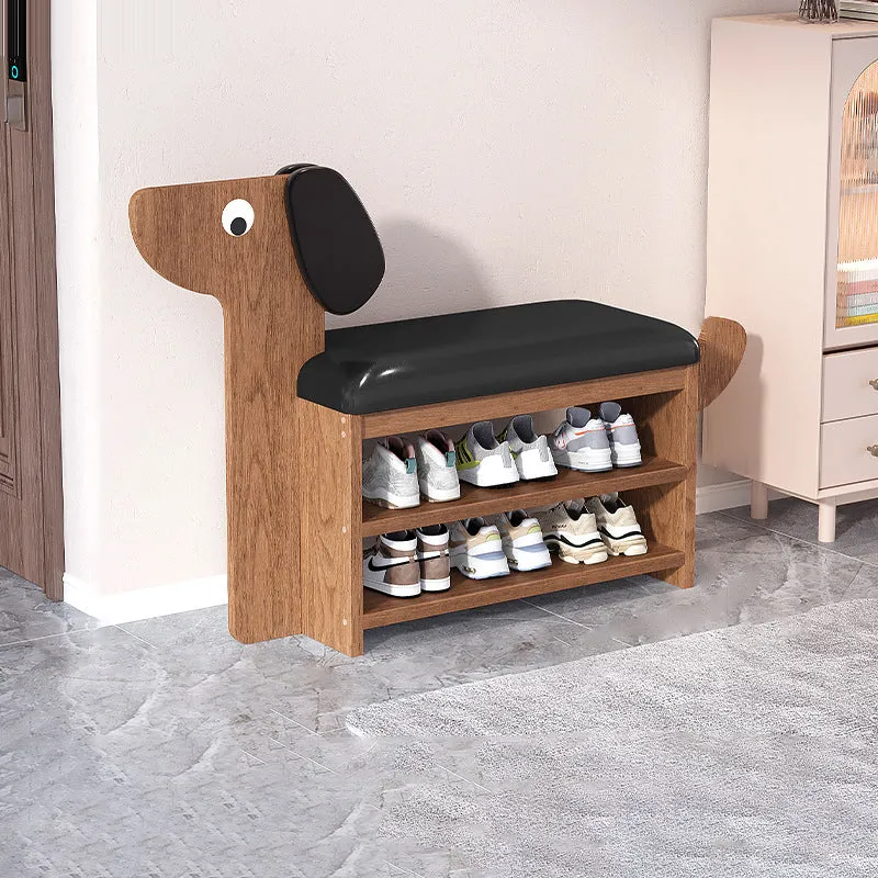 Contemporary Creative Faux Oil Wax Leather Bamboo Dog-Shaped Rectangular Shoe Bench 1/2-Tier For Living Room