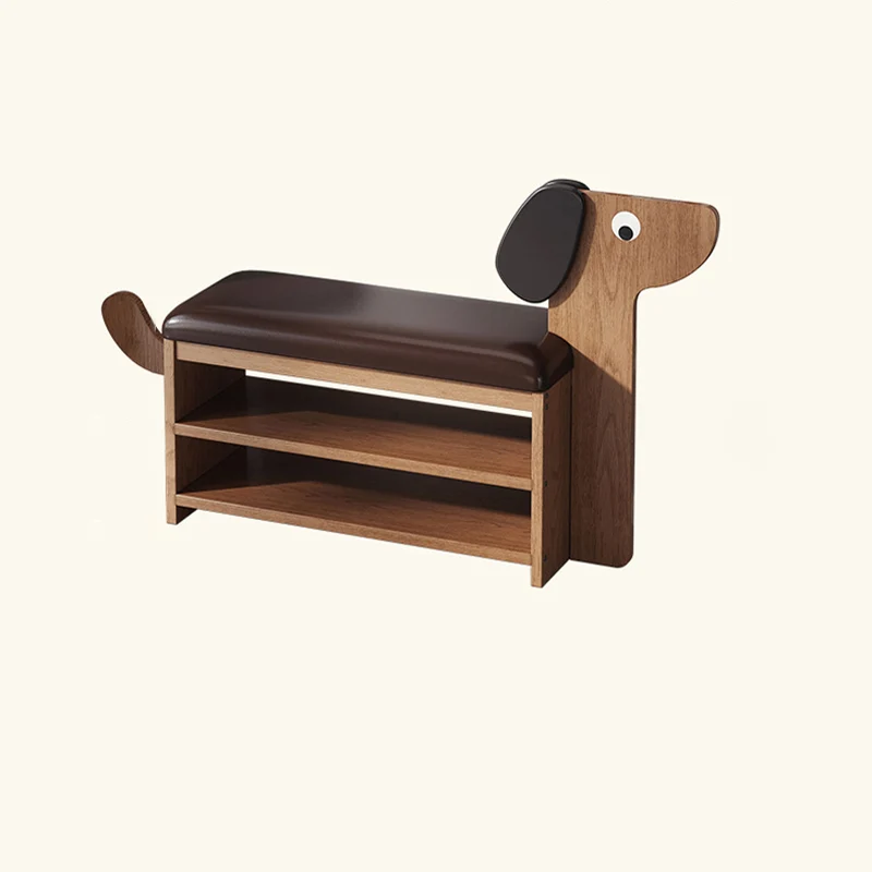 Contemporary Creative Faux Oil Wax Leather Bamboo Dog-Shaped Rectangular Shoe Bench 1/2-Tier For Living Room