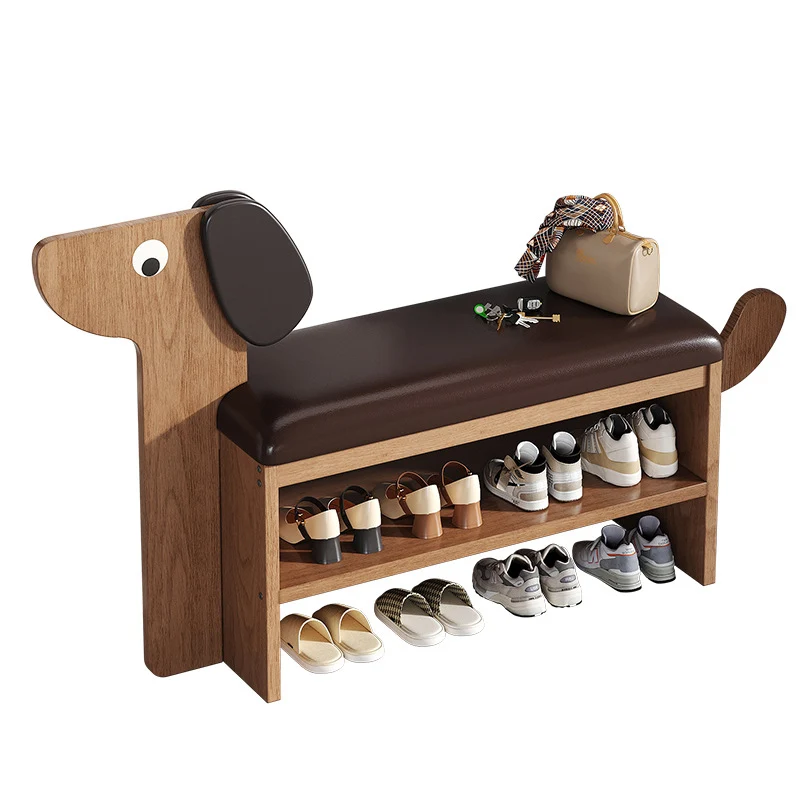 Contemporary Creative Faux Oil Wax Leather Bamboo Dog-Shaped Rectangular Shoe Bench 1/2-Tier For Living Room