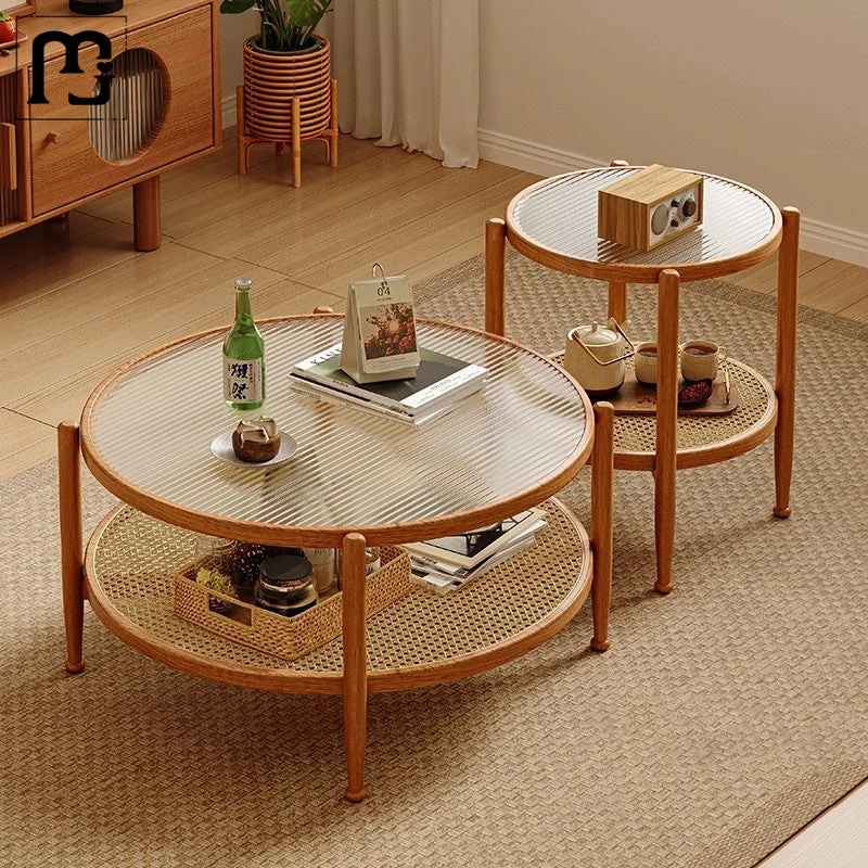 Traditional Japanese Round Glass Faux Rattan Rubberwood End Table 2-Tier For Living Room