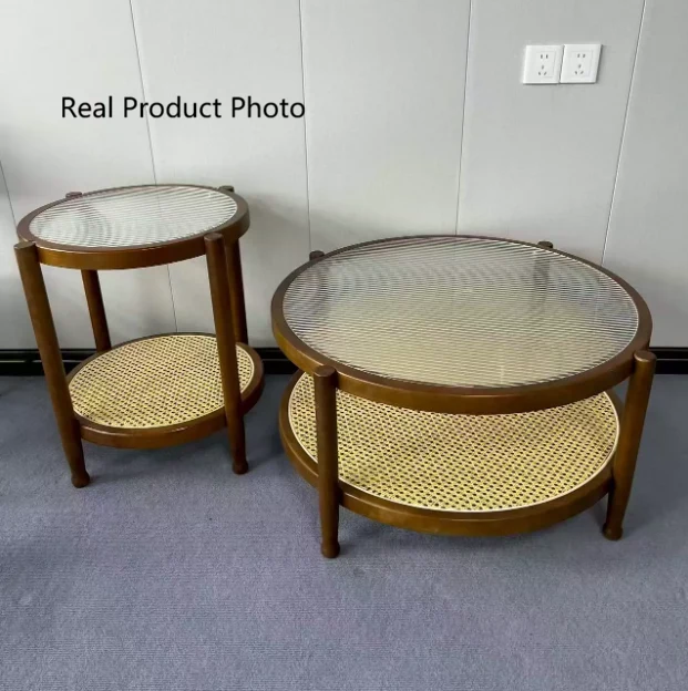 Traditional Japanese Round Glass Faux Rattan Rubberwood End Table 2-Tier For Living Room