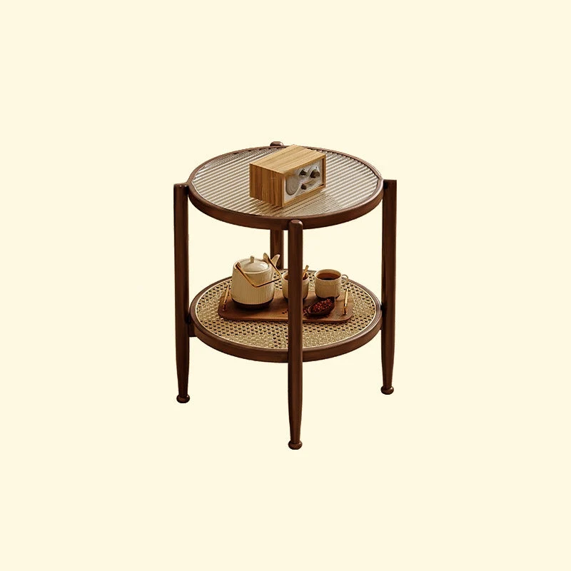 Traditional Japanese Round Glass Faux Rattan Rubberwood End Table 2-Tier For Living Room