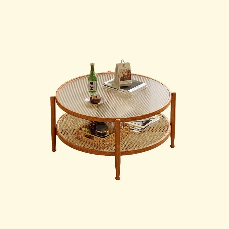 Traditional Japanese Round Glass Faux Rattan Rubberwood End Table 2-Tier For Living Room
