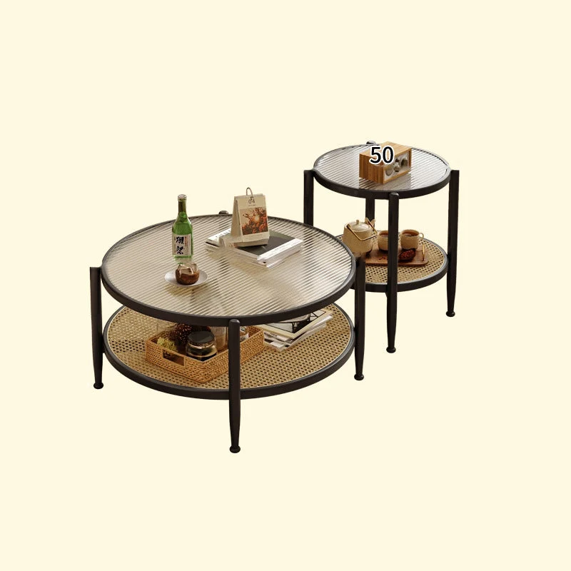 Traditional Japanese Round Glass Faux Rattan Rubberwood End Table 2-Tier For Living Room