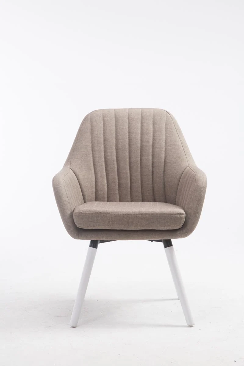 Chaise de salle à manger design rétro moderne avec accoudoirs rembourrée en tissu taupe avec pieds en bois blanc 10_0008819