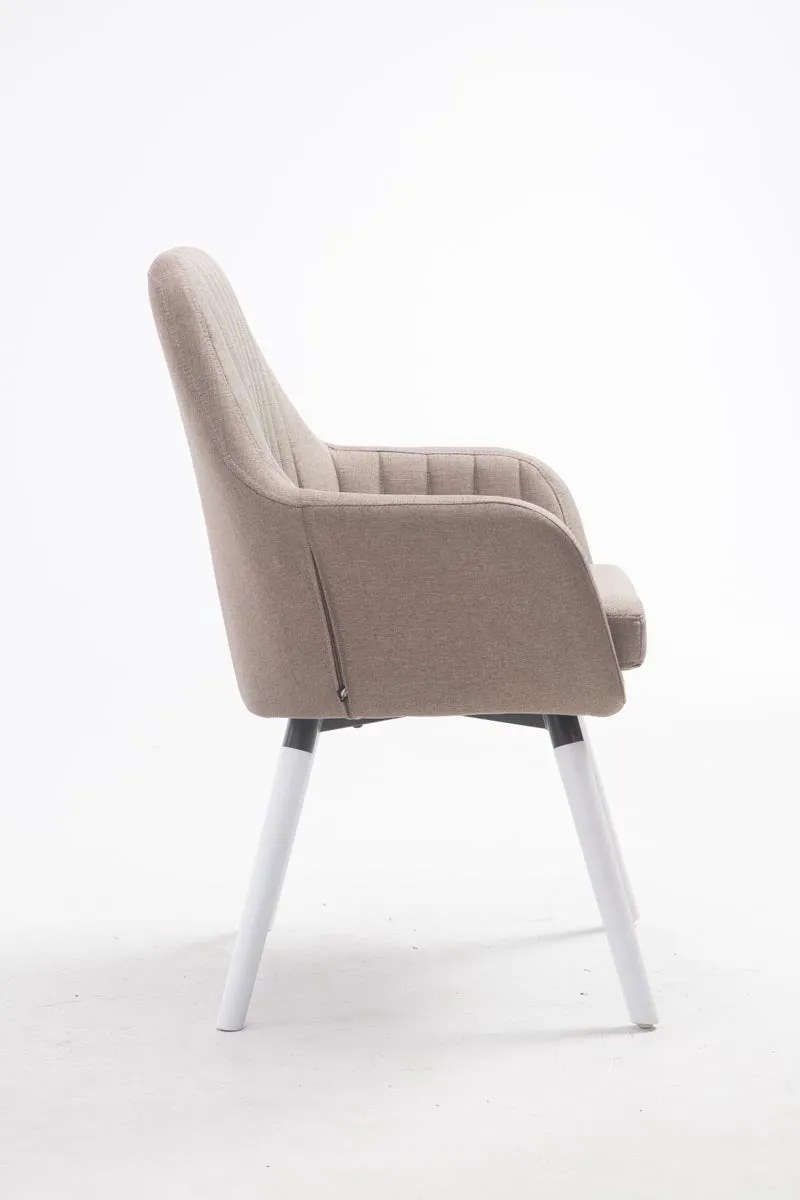 Chaise de salle à manger design rétro moderne avec accoudoirs rembourrée en tissu taupe avec pieds en bois blanc 10_0008819