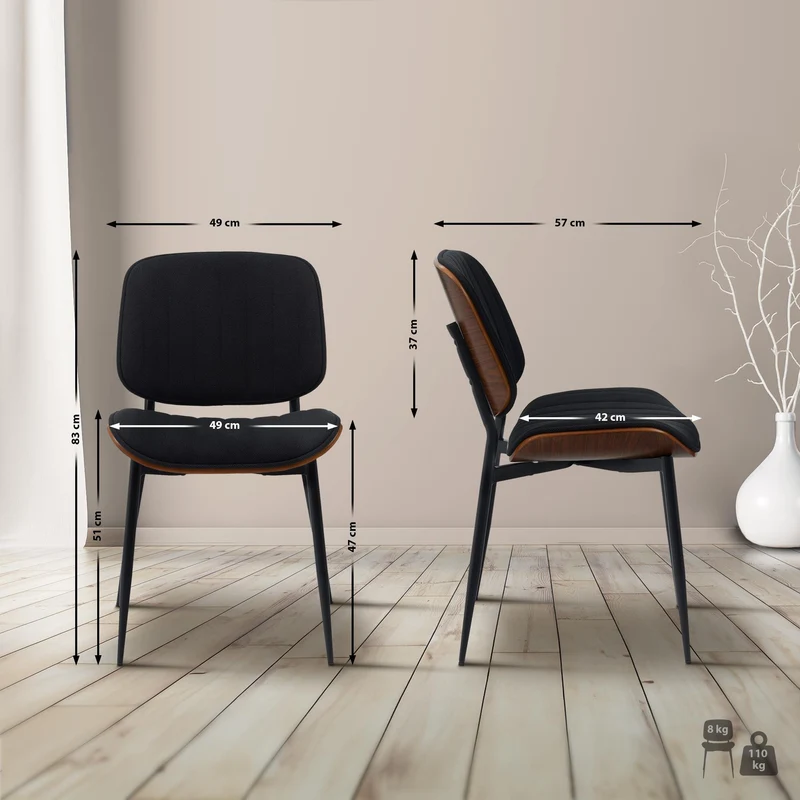 Chaise de salle à manger x1 assise rembourrée tissu noir structure bois courbé et piètement métal style moderne rétro 10_0008595