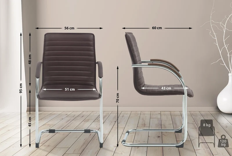 Chaise visiteur de bureau avec accoudoirs rembourrée en simili cuir marron avec piètement luge métallique 10_0008501