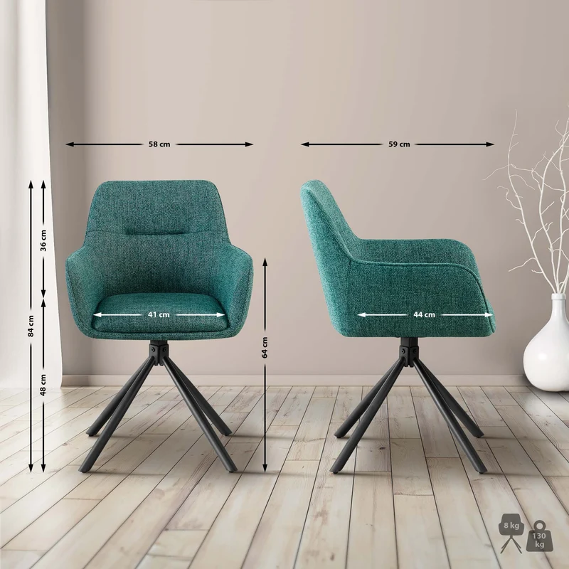 Lot de 2 chaises pivotantes 180° revêtement tissu vert avec accoudoirs piètement métal noir 10_0007700