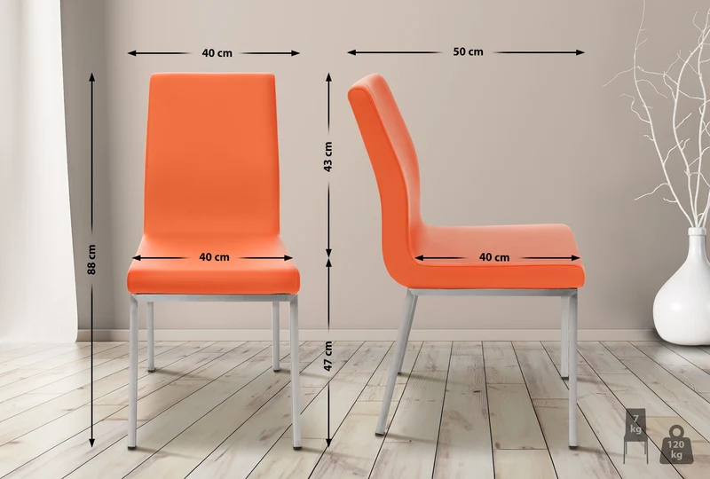 Chaise de salle à manger x1 en similicuir orange piètement acier inoxydable style moderne assise rembourrée 10_0007659