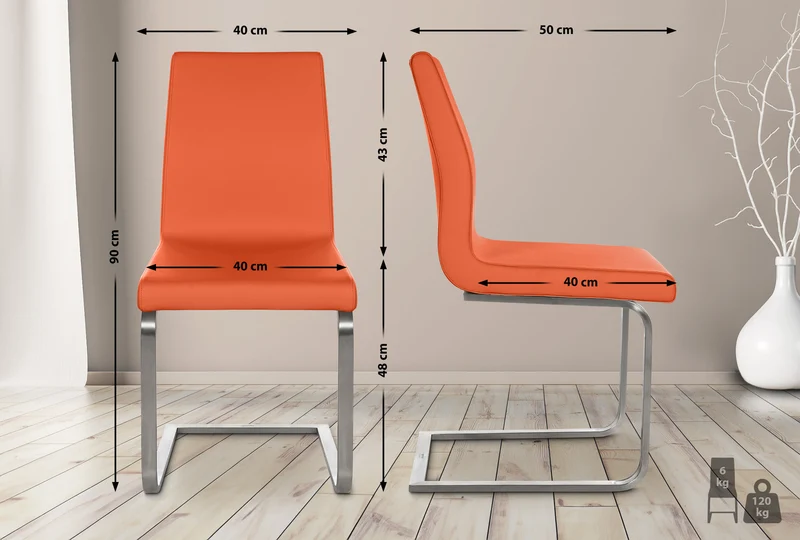 Chaise de salle à manger x1 en similicuir orange piètement acier inoxydable luge style moderne assise rembourrée 10_0007658