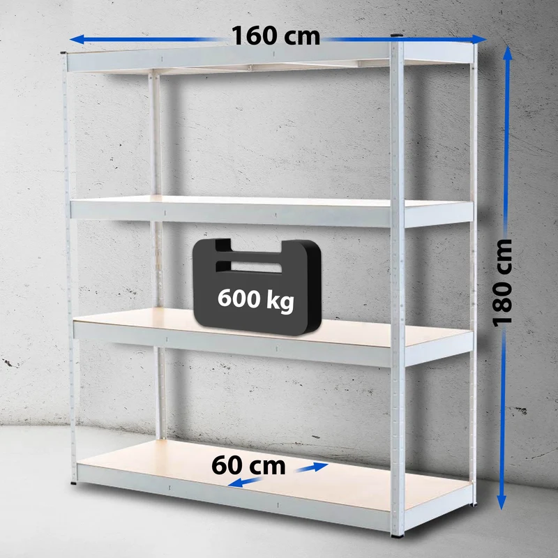 Étagère charge lourde 180 x 160 x 60 cm rayonnage métal blanc galvanisé 4 niveaux étagères réglables 10_0009055