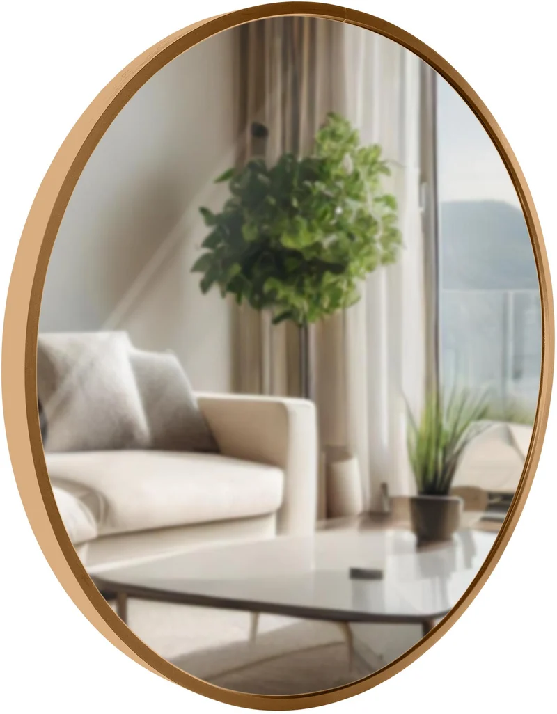 Miroir mural rond 45 cm cadre minimaliste doré 3 cm design moderne fixation murale incluse 10_0008452