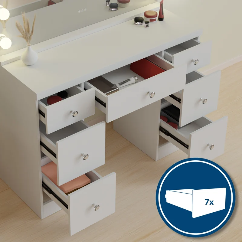 Coiffeuse avec miroir Hollywood LED 7 tiroirs éclairage réglable 3 modes ports USB A et C table maquillage moderne 10_0008324
