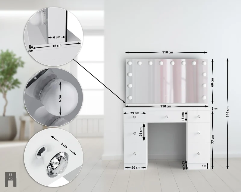 Coiffeuse avec miroir Hollywood LED 7 tiroirs éclairage réglable 3 modes ports USB A et C table maquillage moderne 10_0008324