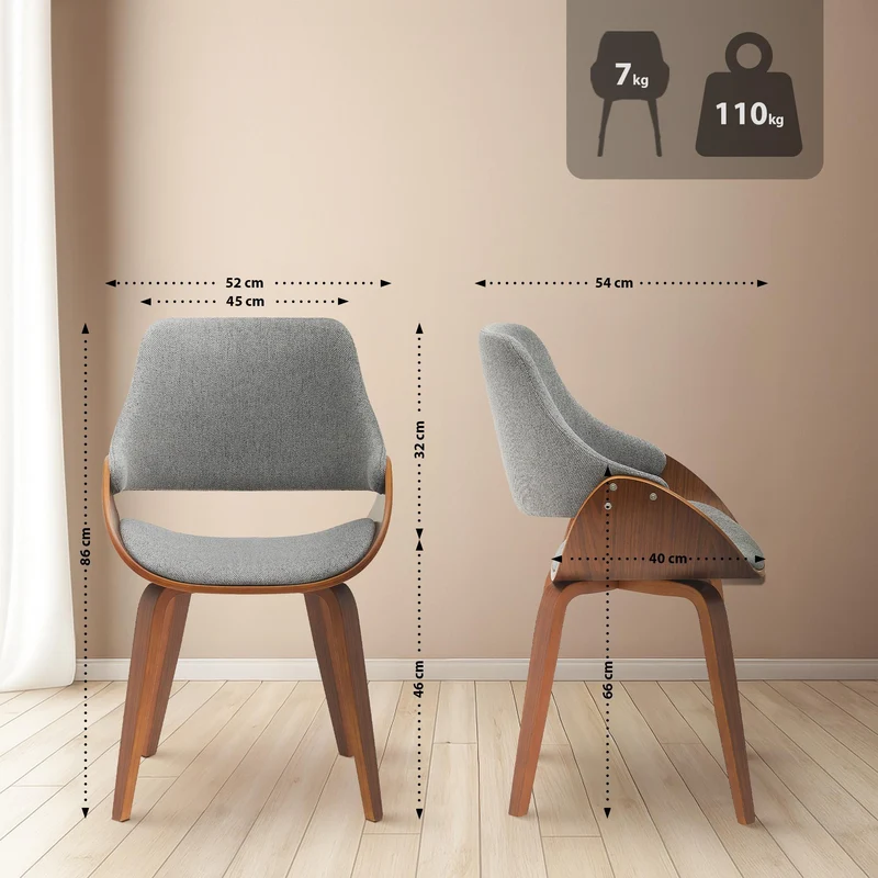 Lot de 2 chaises de salle à manger assise rembourrée tissu gris piètement bois courbé finition noyer style moderne 10_0007813