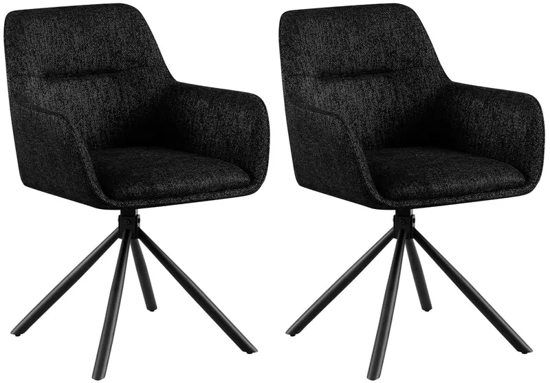 Lot de 2 chaises de salle à manger pivotante 180° revêtement tissu noir avec accoudoirs piètement métal noir style moderne 10_0007701