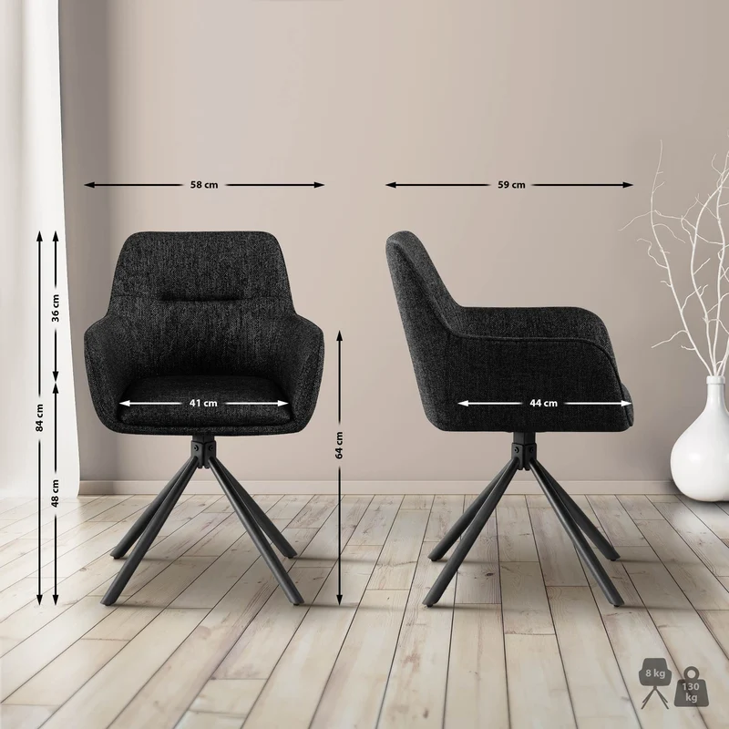 Lot de 2 chaises de salle à manger pivotante 180° revêtement tissu noir avec accoudoirs piètement métal noir style moderne 10_0007701