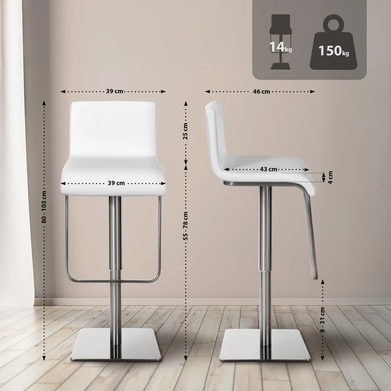 Tabouret de bar réglable en hauteur revêtement simili cuir blanc pivotant 360° structure métal style moderne avec dossier et repose-pieds 10_0006437