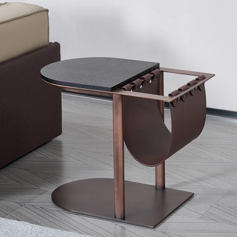 Half Oval Wood Saddle-Style Faux Leather Metal Side Table - Vintage Decorative End Table For Living Room
