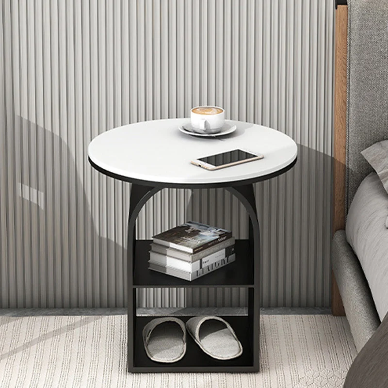 Contemporary Nordic Carbon Steel Sintered Stone Round Arch End Table 3-Tier For Living Room