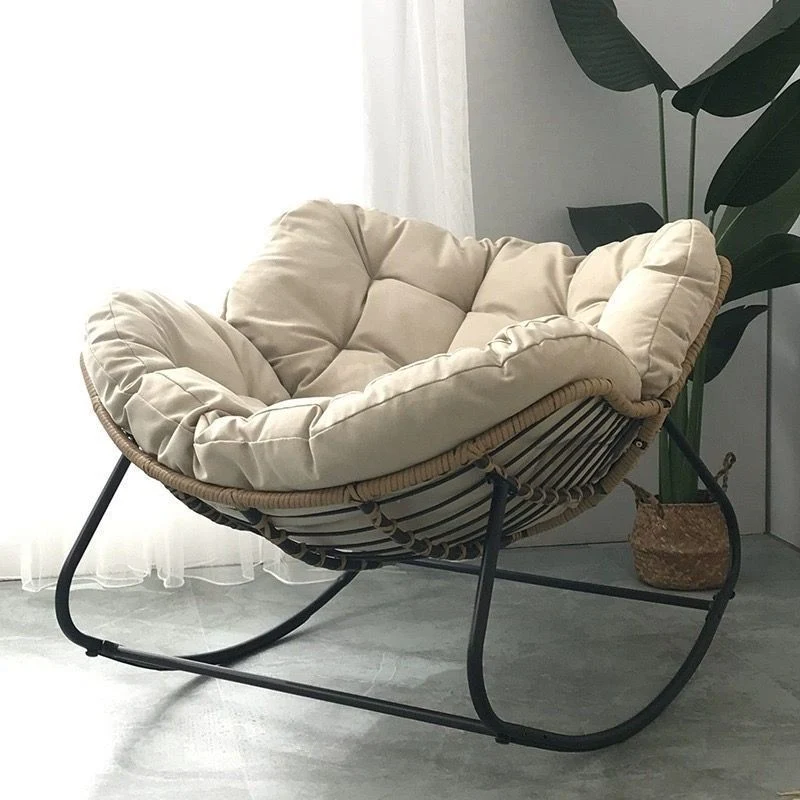 Contemporary Scandinavian Cotton Linen Rattan Carbon Steel Curved Grid Accent Chair With Backrest For Living Room