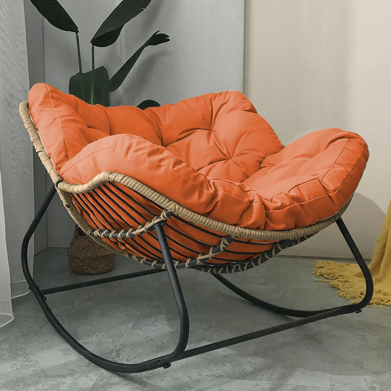 Contemporary Scandinavian Cotton Linen Rattan Carbon Steel Curved Grid Accent Chair With Backrest For Living Room
