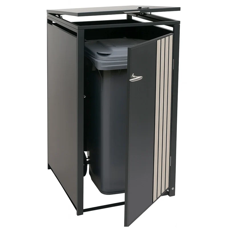 Cache-poubelle pour 1 bac avec couvercle abri pour poubelle 122x68x84 cm en métal anthracite aspect bois clair 04_0009354