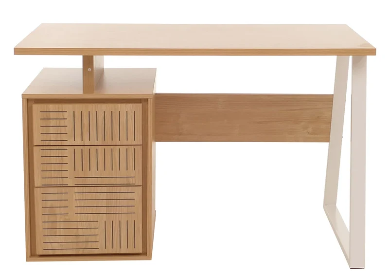 Bureau design minimaliste avec 3 tiroirs push-to-open 118x58 cm en bois clair avec revêtement mélaminé et structure métal 04_0009442