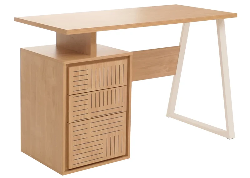 Bureau design minimaliste avec 3 tiroirs push-to-open 118x58 cm en bois clair avec revêtement mélaminé et structure métal 04_0009442