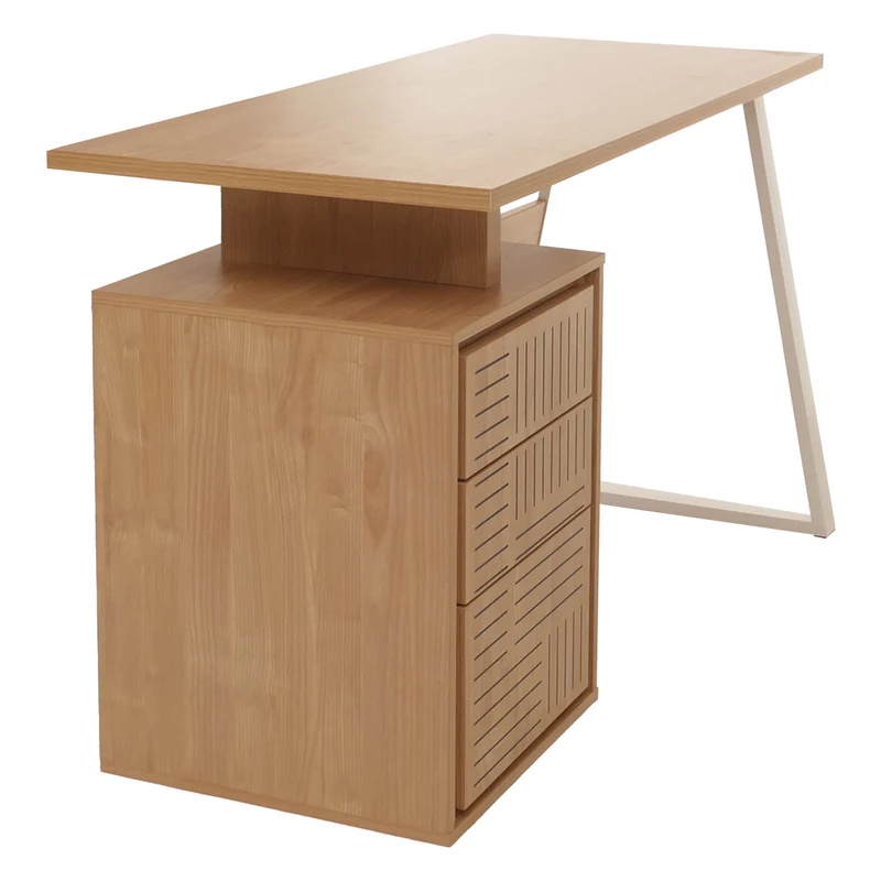 Bureau design minimaliste avec 3 tiroirs push-to-open 118x58 cm en bois clair avec revêtement mélaminé et structure métal 04_0009442