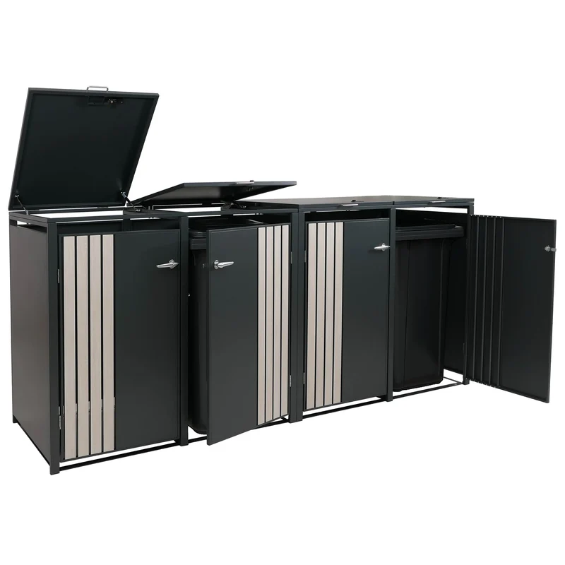 Cache-poubelles pour 4 bacs avec couvercle abri pour poubelles en métal avec ouverture par le haut 122x264x84 cm anthracite aspect bois clair 04_0009343