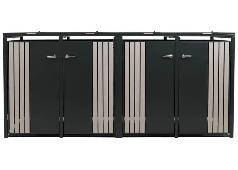 Cache-poubelles pour 4 bacs avec couvercle abri pour poubelles en métal avec ouverture par le haut 122x264x84 cm anthracite aspect bois clair 04_0009343