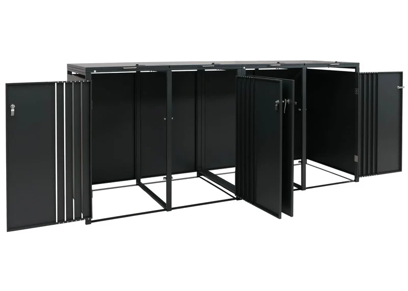 Cache-poubelles pour 4 bacs avec couvercle abri pour poubelles en métal avec ouverture par le haut 122x264x84 cm anthracite aspect bois clair 04_0009343