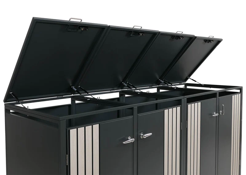 Cache-poubelles pour 4 bacs avec couvercle abri pour poubelles en métal avec ouverture par le haut 122x264x84 cm anthracite aspect bois clair 04_0009343