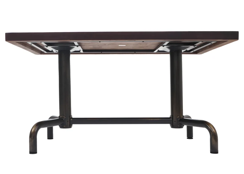 Table de salle à manger style industriel avec plateau en bois massif et structure en métal, 140x80 cm finition bois foncé avec piètement bronze 04_0008980