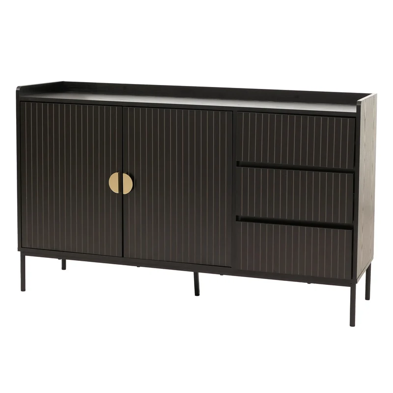 Buffet commode meuble de rangement avec 3 tiroirs et 2 portes 80 x 130 x 42 cm bois mélaminé finition noir au design à lamelles 04_0009422