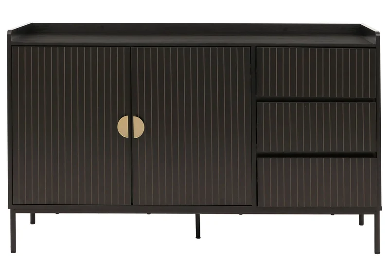 Buffet commode meuble de rangement avec 3 tiroirs et 2 portes 80 x 130 x 42 cm bois mélaminé finition noir au design à lamelles 04_0009422