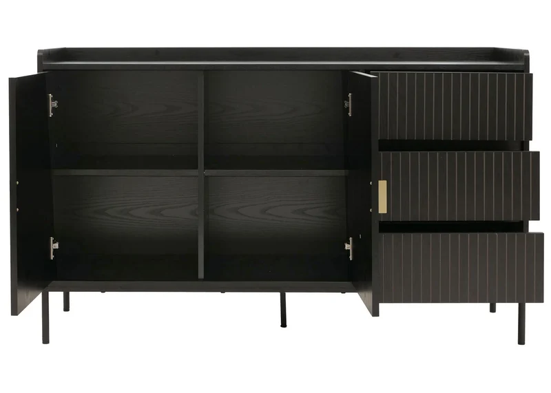 Buffet commode meuble de rangement avec 3 tiroirs et 2 portes 80 x 130 x 42 cm bois mélaminé finition noir au design à lamelles 04_0009422