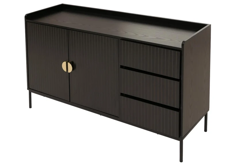 Buffet commode meuble de rangement avec 3 tiroirs et 2 portes 80 x 130 x 42 cm bois mélaminé finition noir au design à lamelles 04_0009422