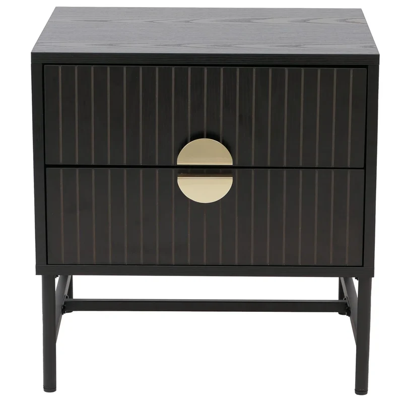 Table de chevet avec 2 tiroirs façades à lamelles design contemporain 50x48x39 cm en MDF mélaminé noyer et métal 04_0009196